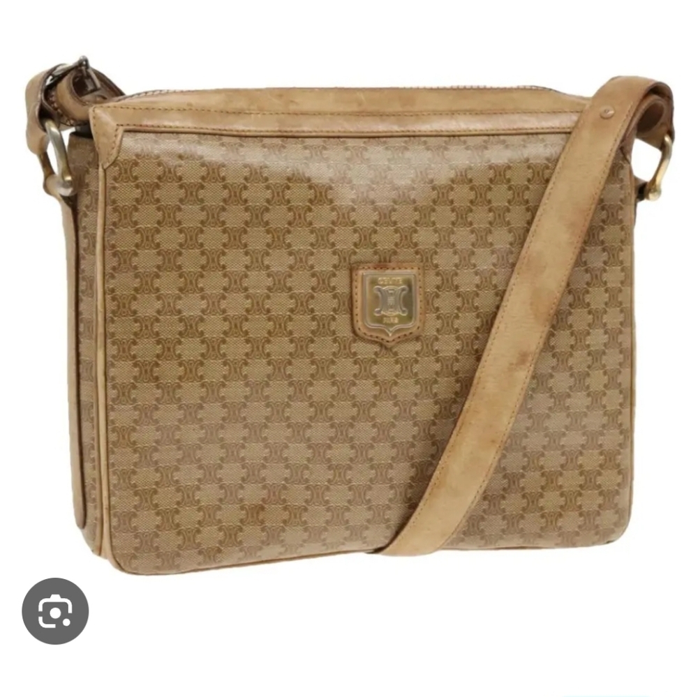 CELINE Macadam Triomphe Large Crossbody Shoulder Bag Vintage Beige Tan Monogram